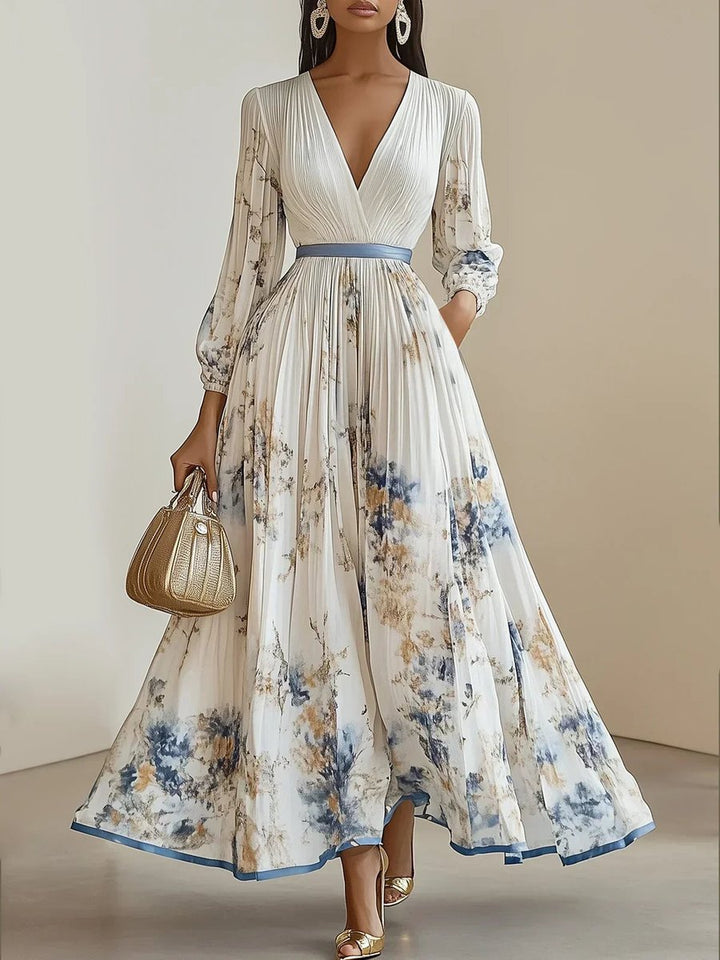 Women's V-Neck Pleated Floral Maxi Formal Dress Long Sleeve