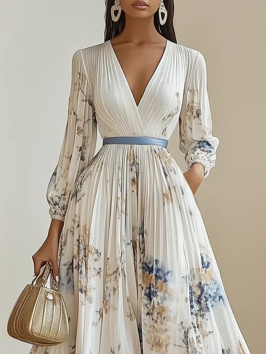 Women's V-Neck Pleated Floral Maxi Formal Dress Long Sleeve