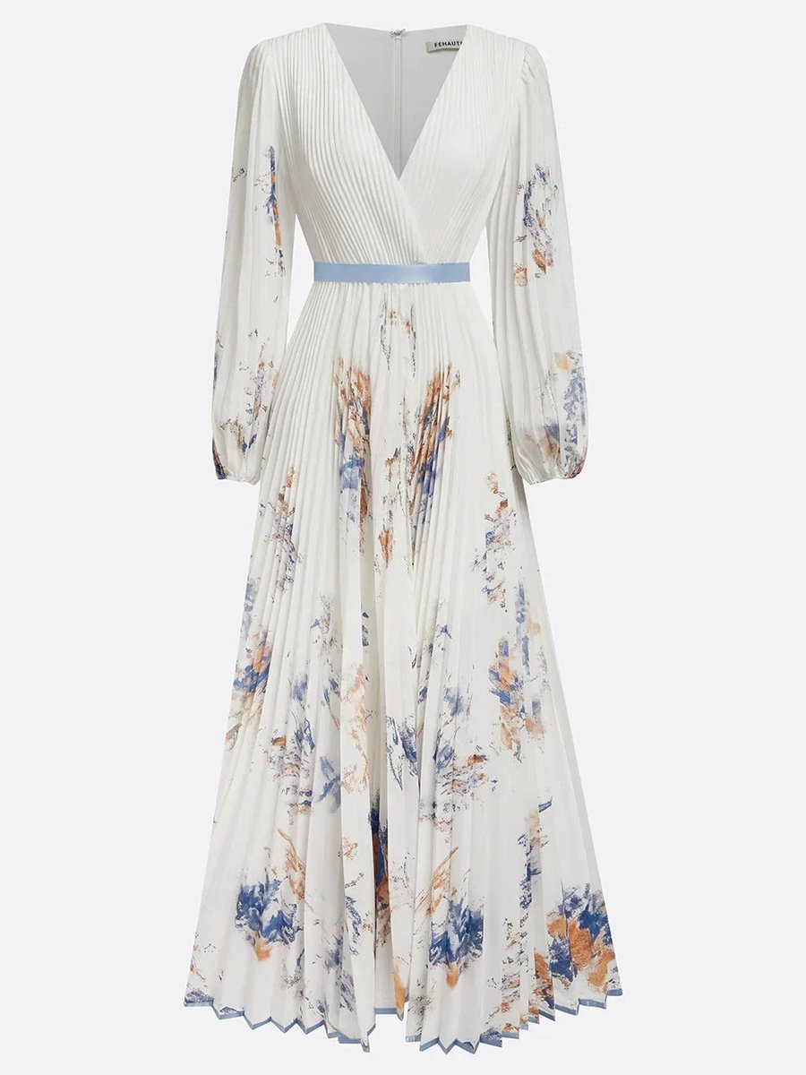 Women's V-Neck Pleated Floral Maxi Formal Dress Long Sleeve