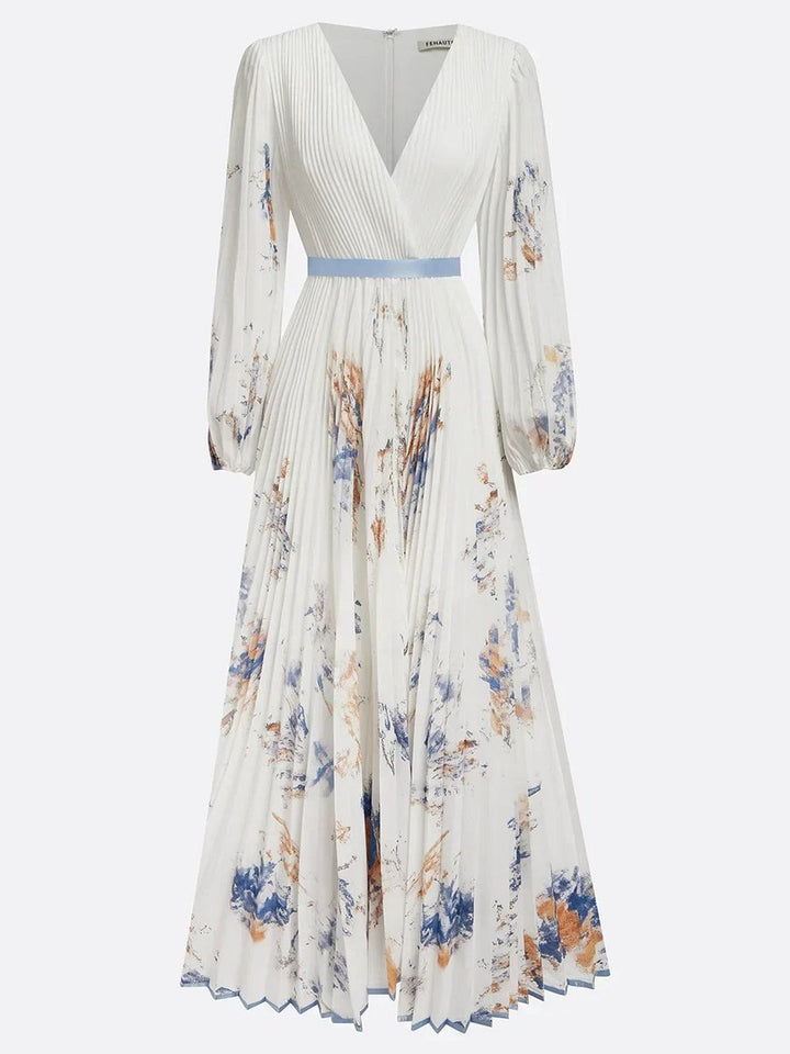 Women's V-Neck Pleated Floral Maxi Formal Dress Long Sleeve