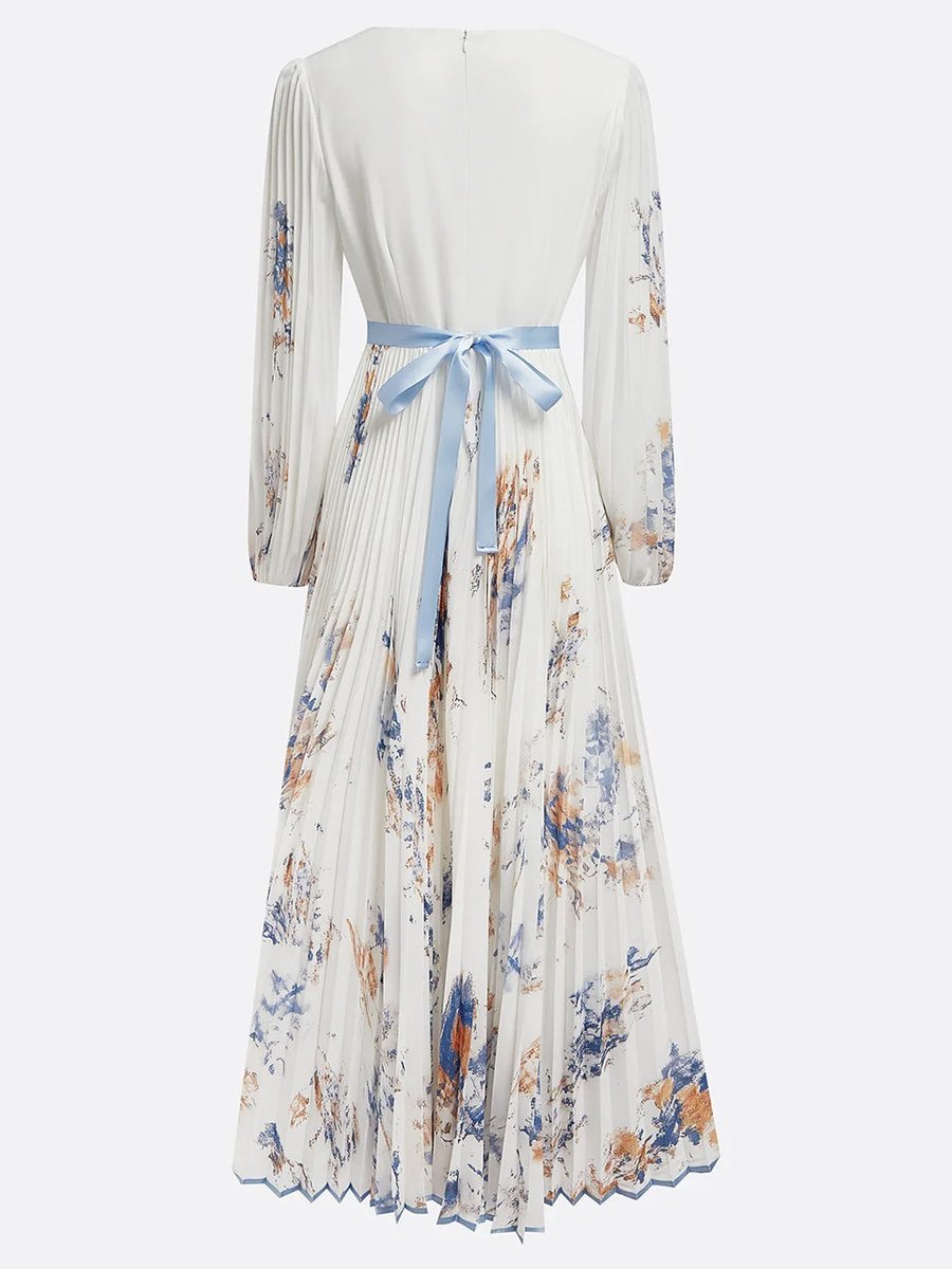 Women's V-Neck Pleated Floral Maxi Formal Dress Long Sleeve