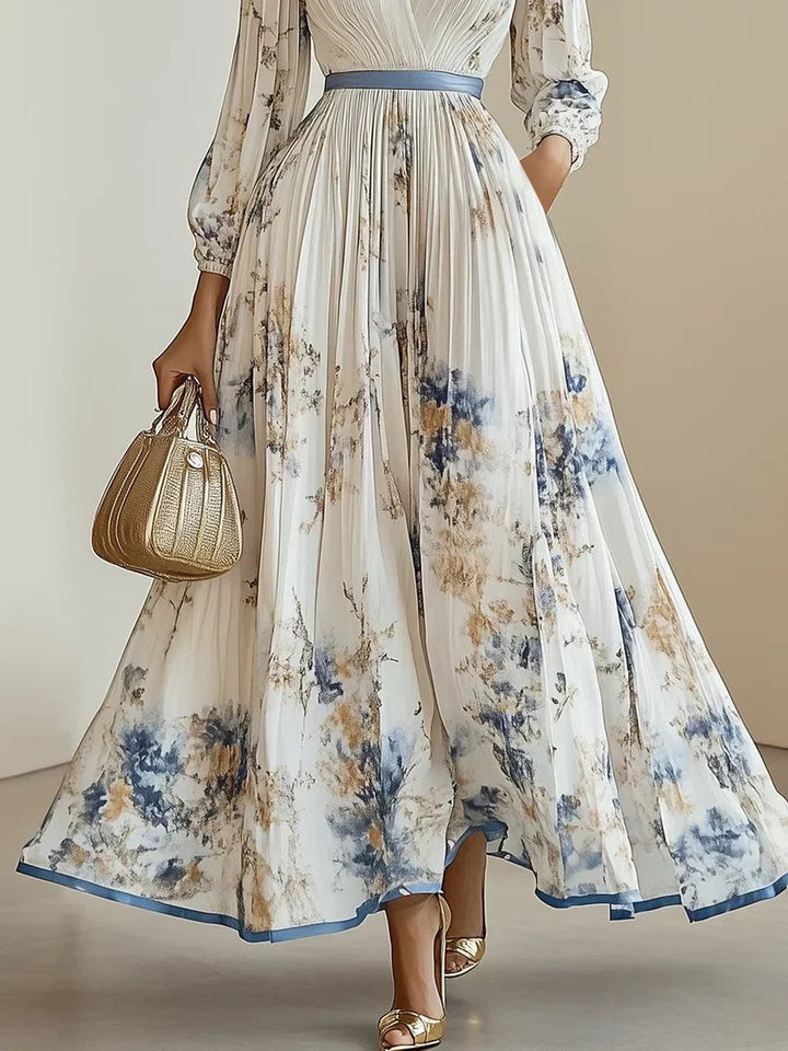 Women's V-Neck Pleated Floral Maxi Formal Dress Long Sleeve
