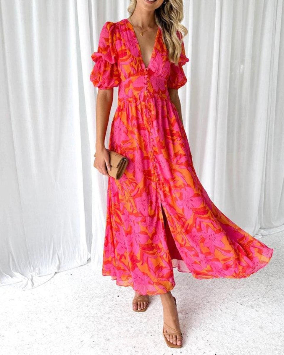 Women's V-Neck Puff-Sleeve Floral Formal Dress Maxi