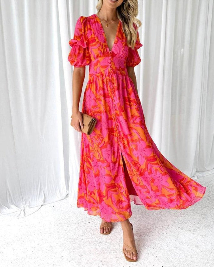 Women's V-Neck Puff-Sleeve Floral Formal Dress Maxi