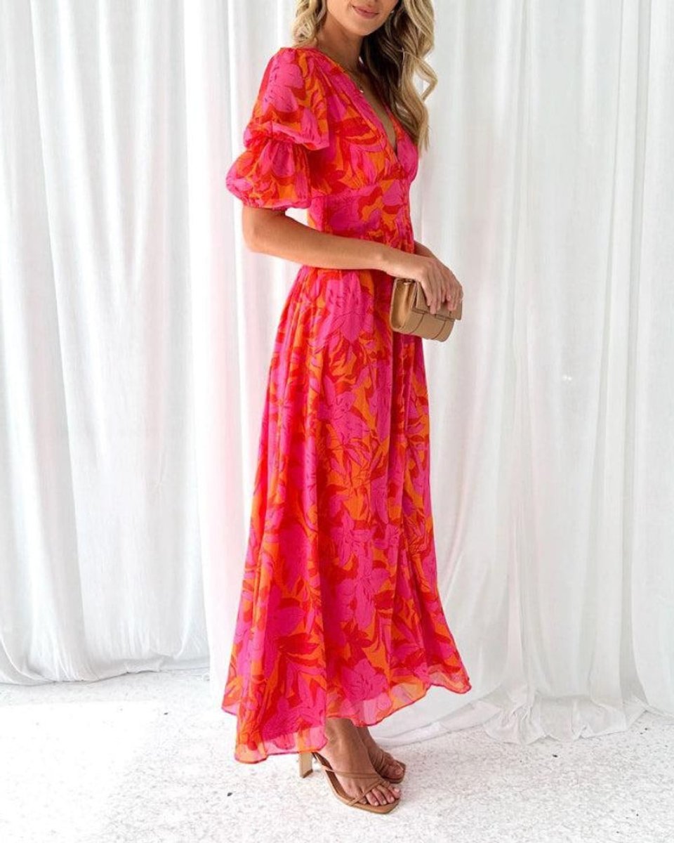 Women's V-Neck Puff-Sleeve Floral Formal Dress Maxi