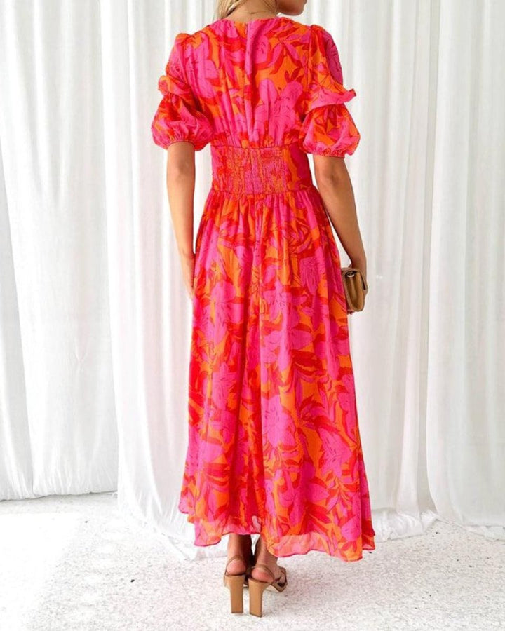 Women's V-Neck Puff-Sleeve Floral Formal Dress Maxi