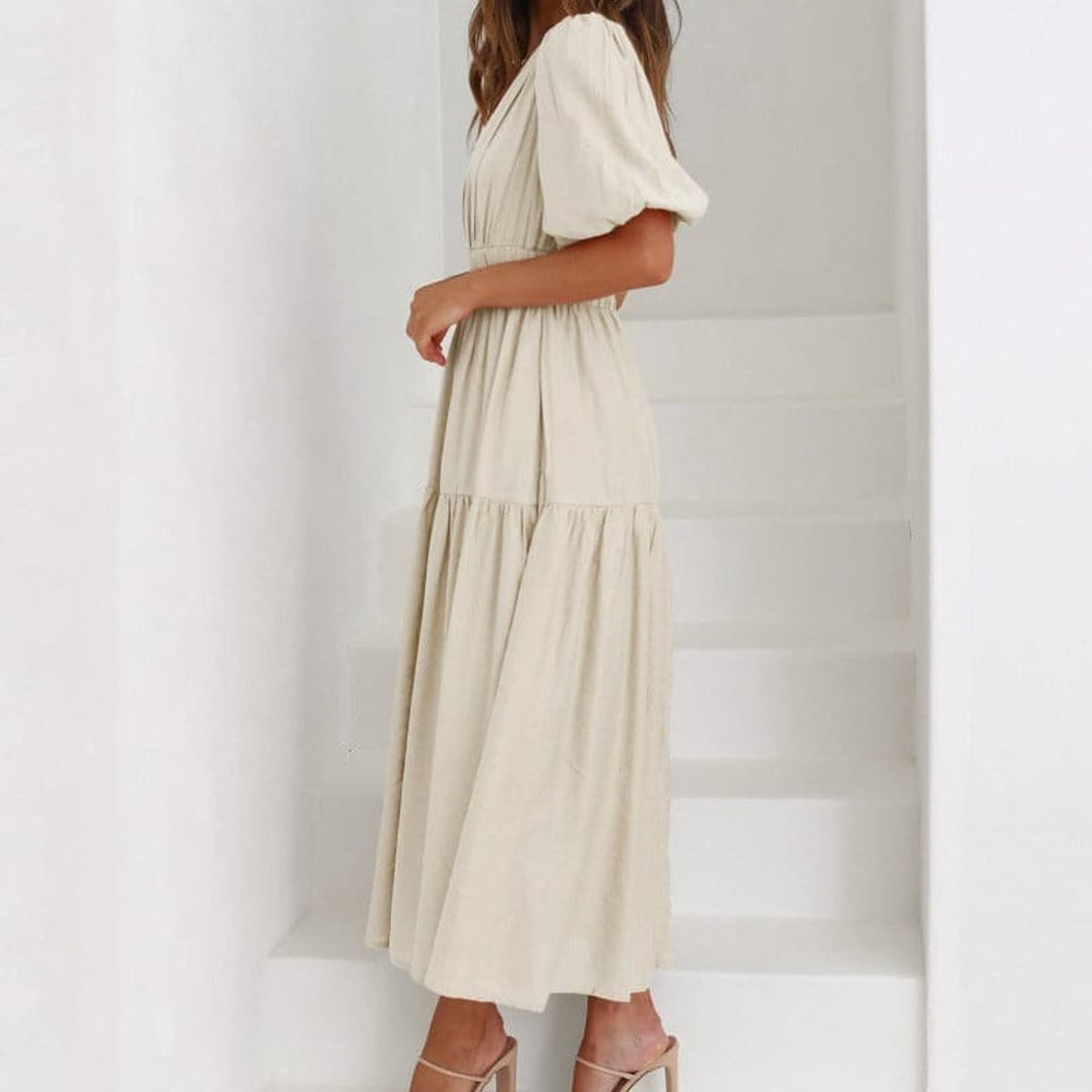 Women's V-Neck Puff Sleeve High-Waist Fall Midi Dress