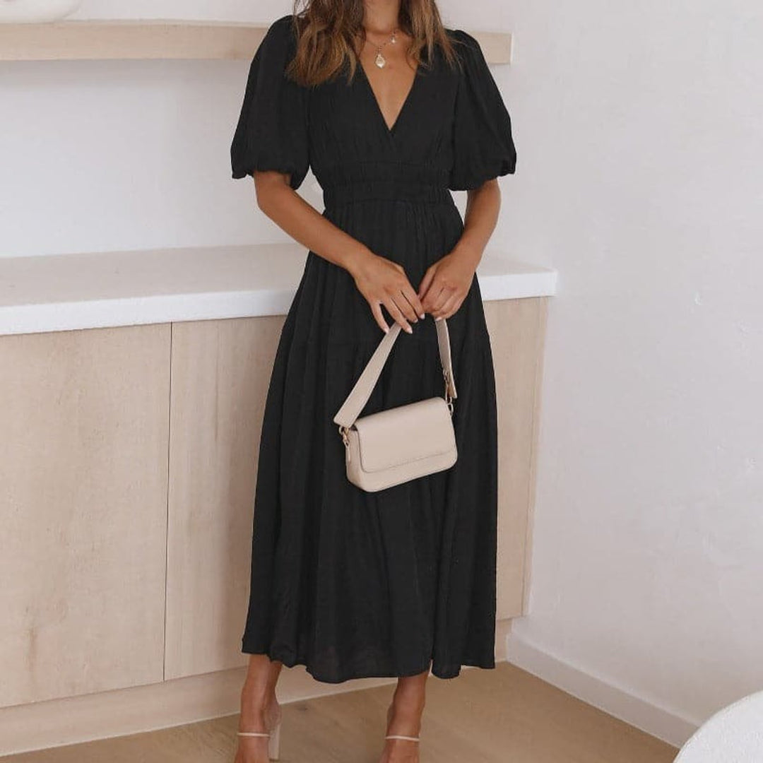 Women's V-Neck Puff Sleeve High-Waist Fall Midi Dress