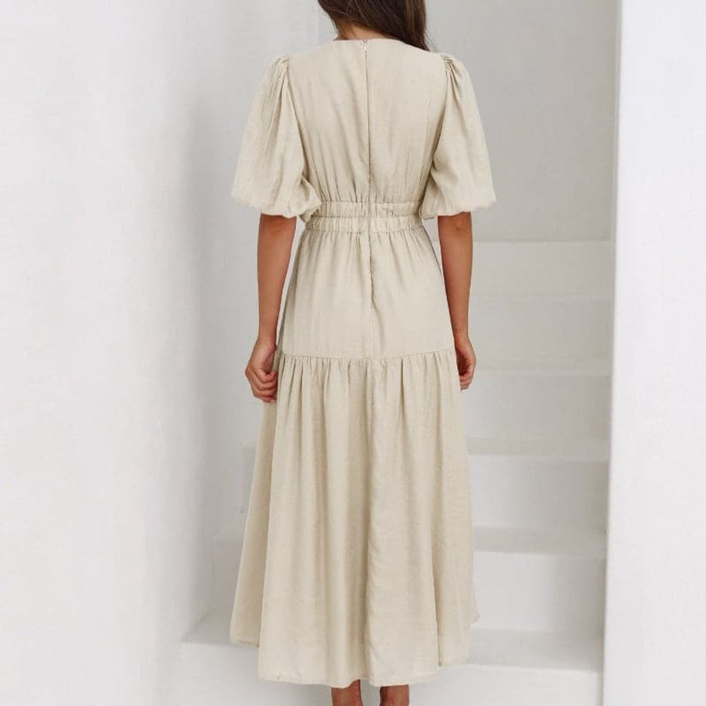 Women's V-Neck Puff Sleeve High-Waist Fall Midi Dress
