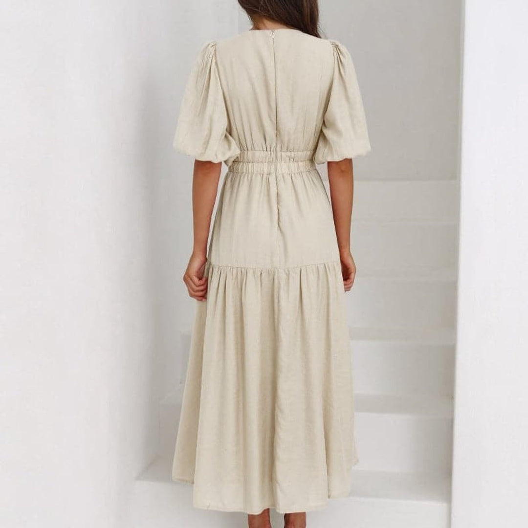 Women's V-Neck Puff Sleeve High-Waist Fall Midi Dress