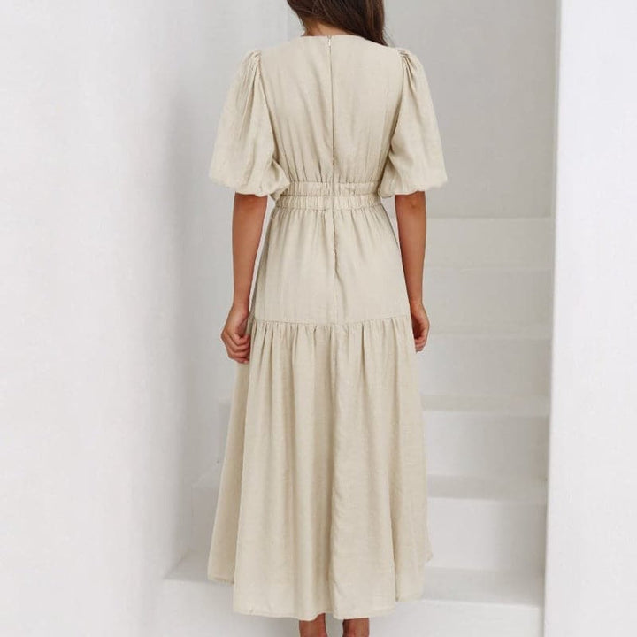 Women's V-Neck Puff Sleeve High-Waist Fall Midi Dress
