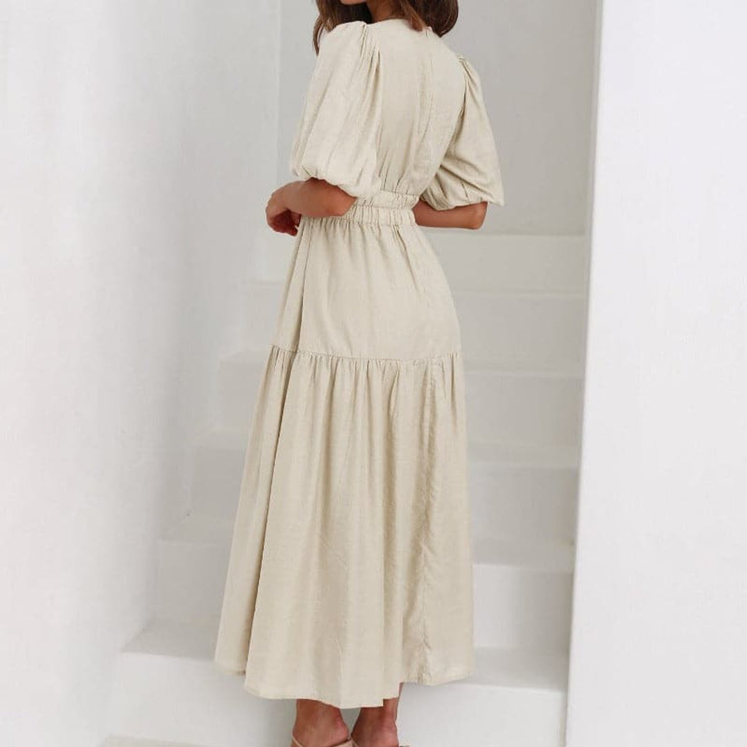 Women's V-Neck Puff Sleeve High-Waist Fall Midi Dress
