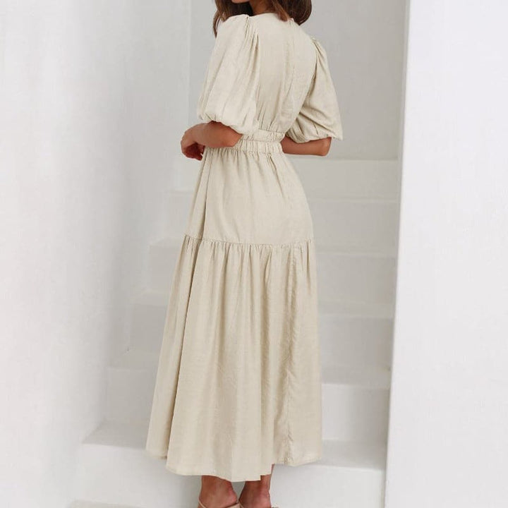 Women's V-Neck Puff Sleeve High-Waist Fall Midi Dress