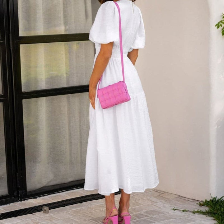 Women's V-Neck Puff Sleeve High-Waist Fall Midi Dress