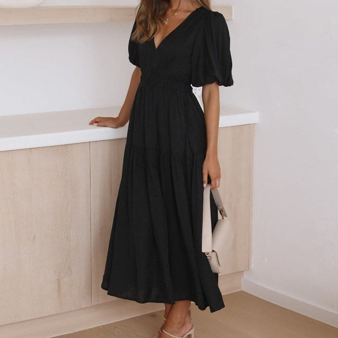 Women's V-Neck Puff Sleeve High-Waist Fall Midi Dress