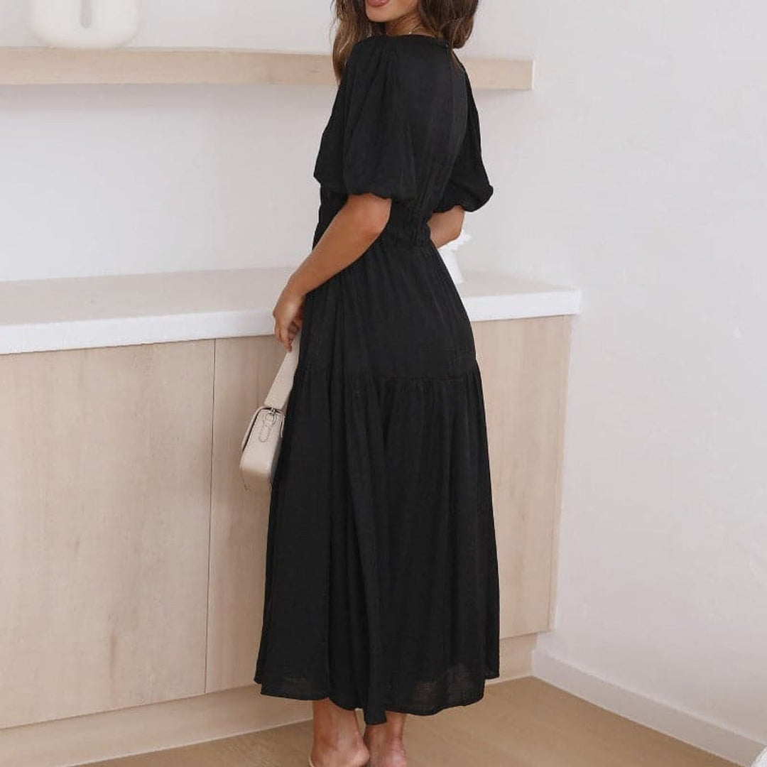Women's V-Neck Puff Sleeve High-Waist Fall Midi Dress