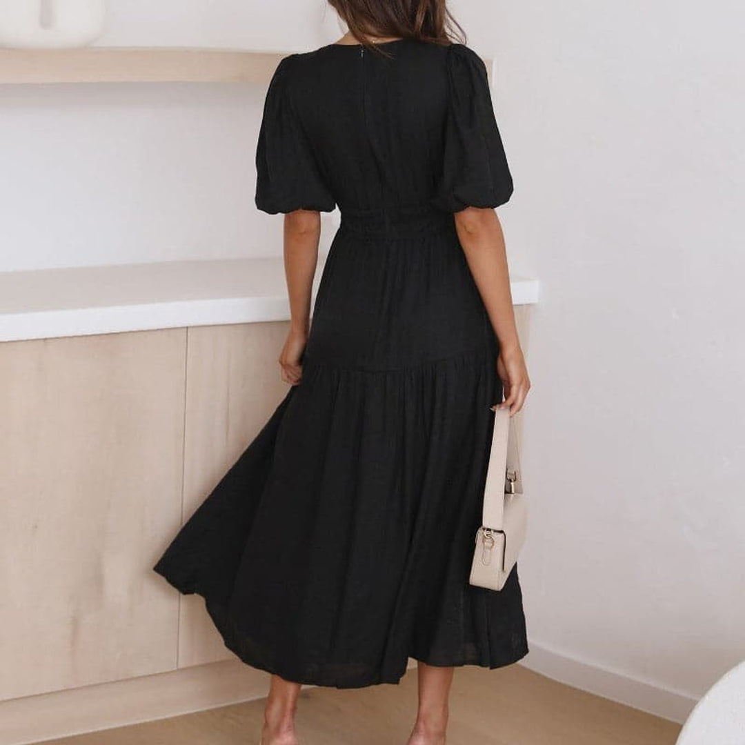 Women's V-Neck Puff Sleeve High-Waist Fall Midi Dress