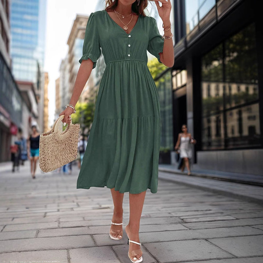 Women's V-Neck Puff Sleeve Tiered Fall Midi Dress