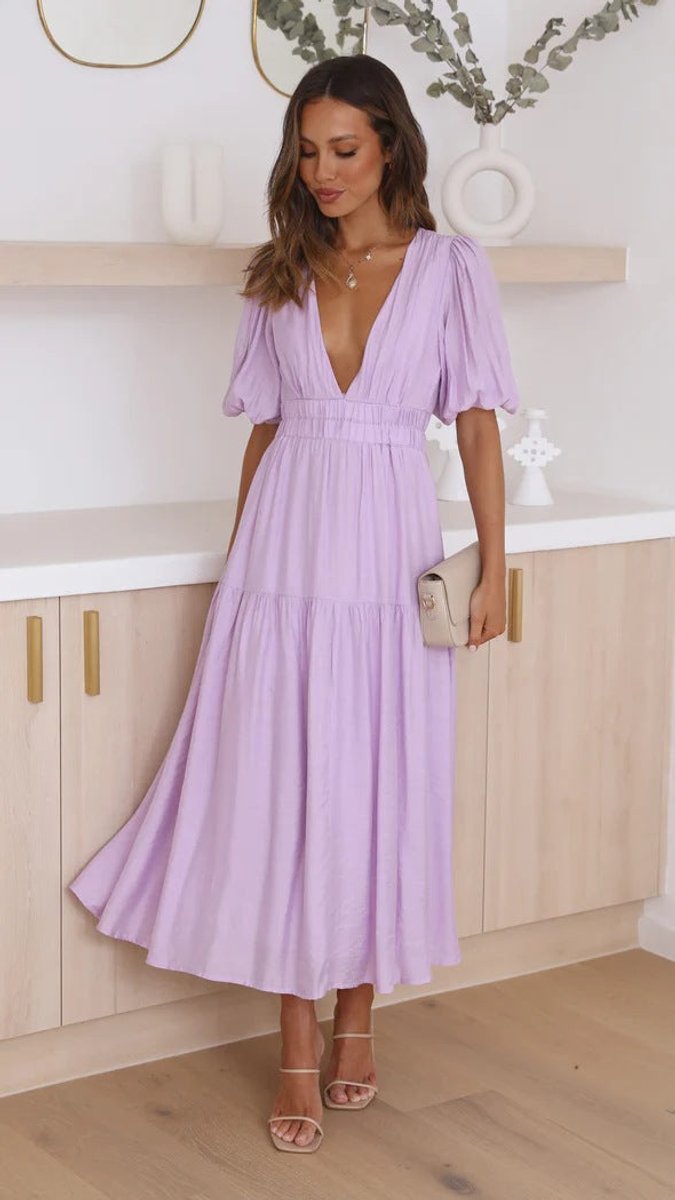 Women's V-Neck Puff Sleeve Tiered Fall Midi Dress