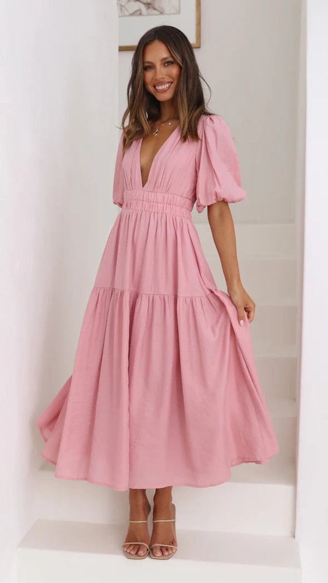 Women's V-Neck Puff Sleeve Tiered Fall Midi Dress
