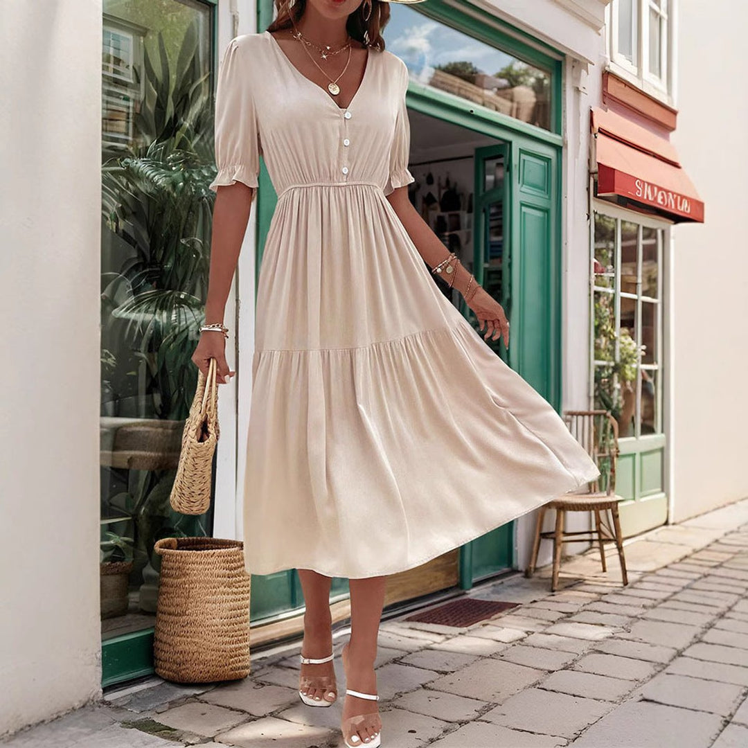 Women's V-Neck Puff Sleeve Tiered Fall Midi Dress