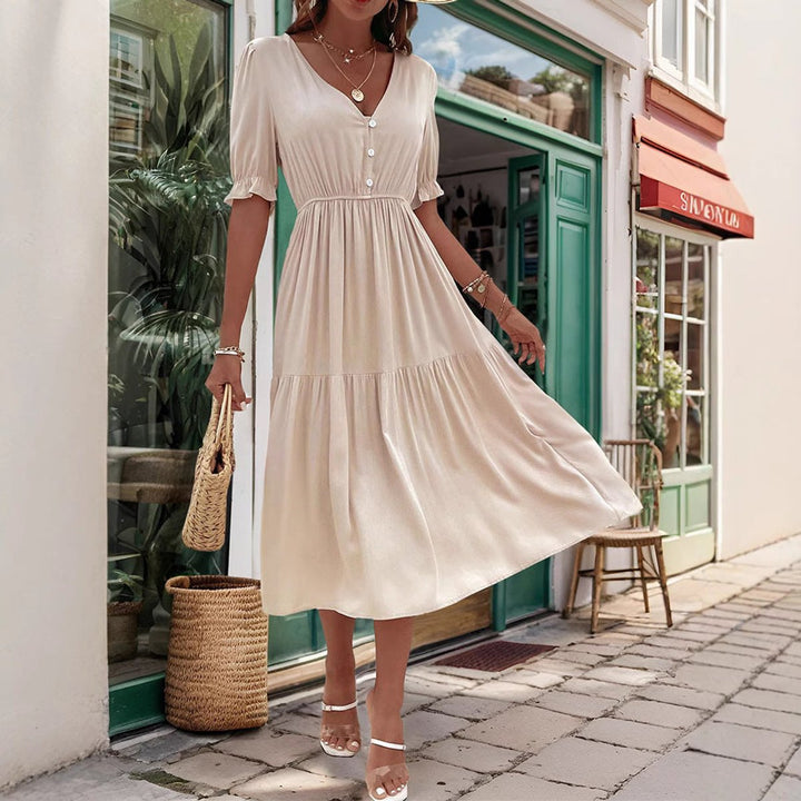Women's V-Neck Puff Sleeve Tiered Fall Midi Dress