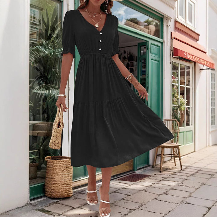 Women's V-Neck Puff Sleeve Tiered Fall Midi Dress