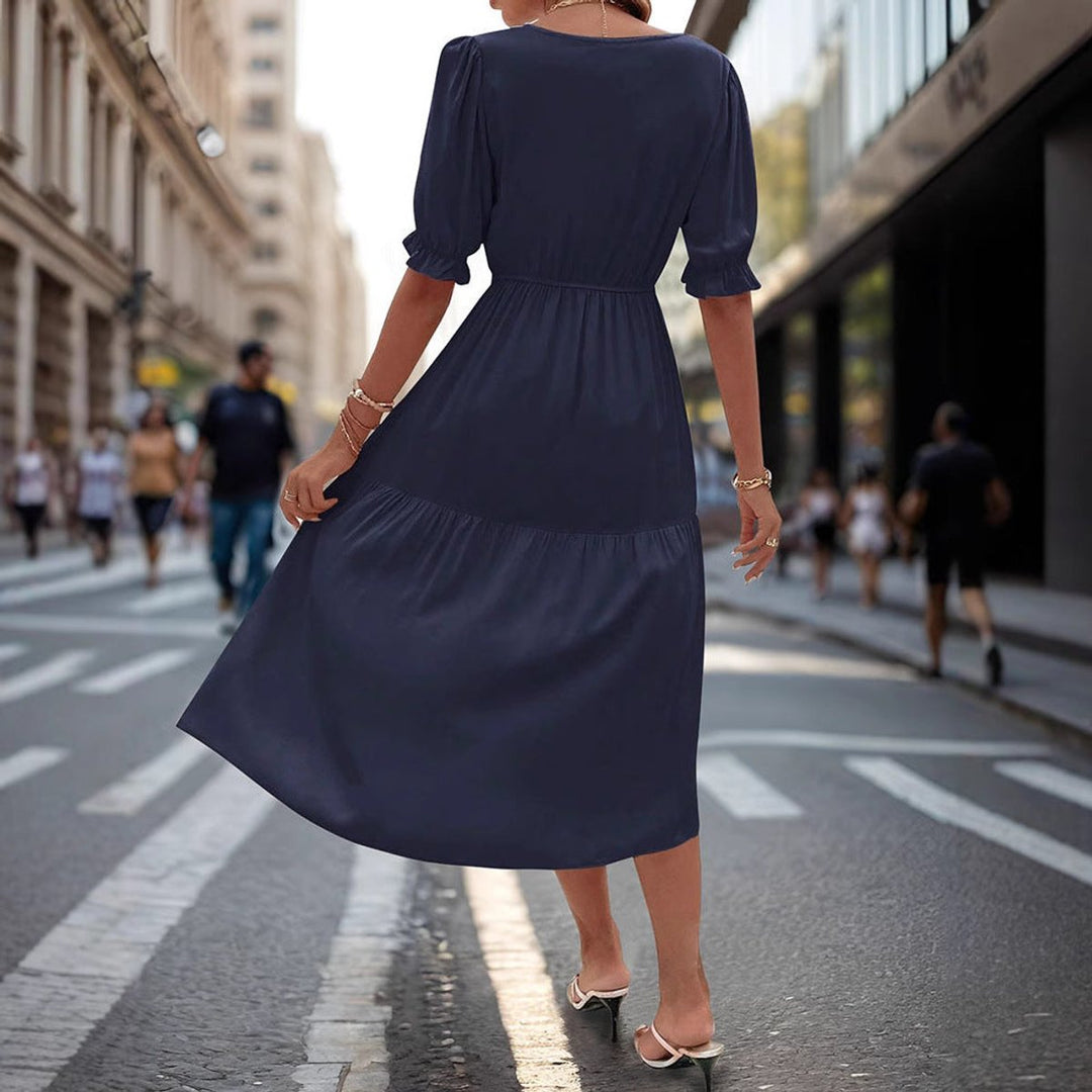 Women's V-Neck Puff Sleeve Tiered Fall Midi Dress