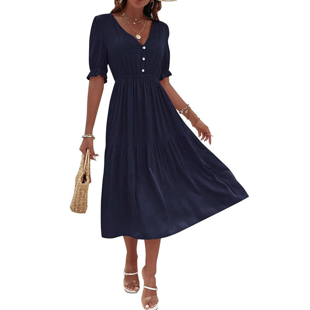 Women's V-Neck Puff Sleeve Tiered Fall Midi Dress