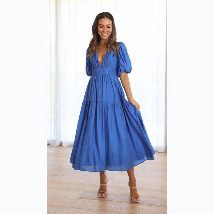 Women's V-Neck Puff Sleeve Tiered Fall Midi Dress