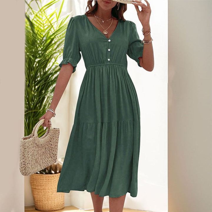 Women's V-Neck Puff Sleeve Tiered Fall Midi Dress
