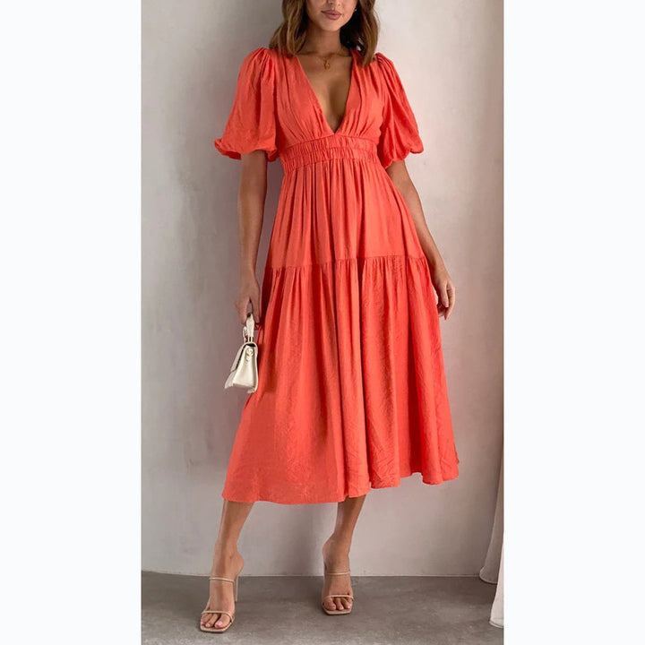 Women's V-Neck Puff Sleeve Tiered Fall Midi Dress