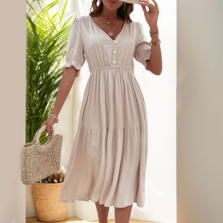 Women's V-Neck Puff Sleeve Tiered Fall Midi Dress