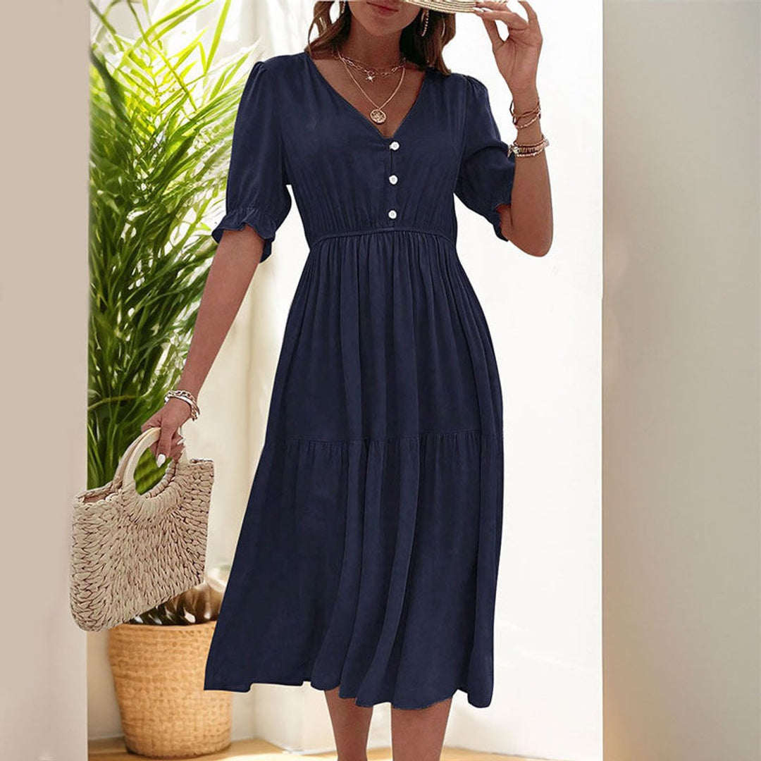 Women's V-Neck Puff Sleeve Tiered Fall Midi Dress