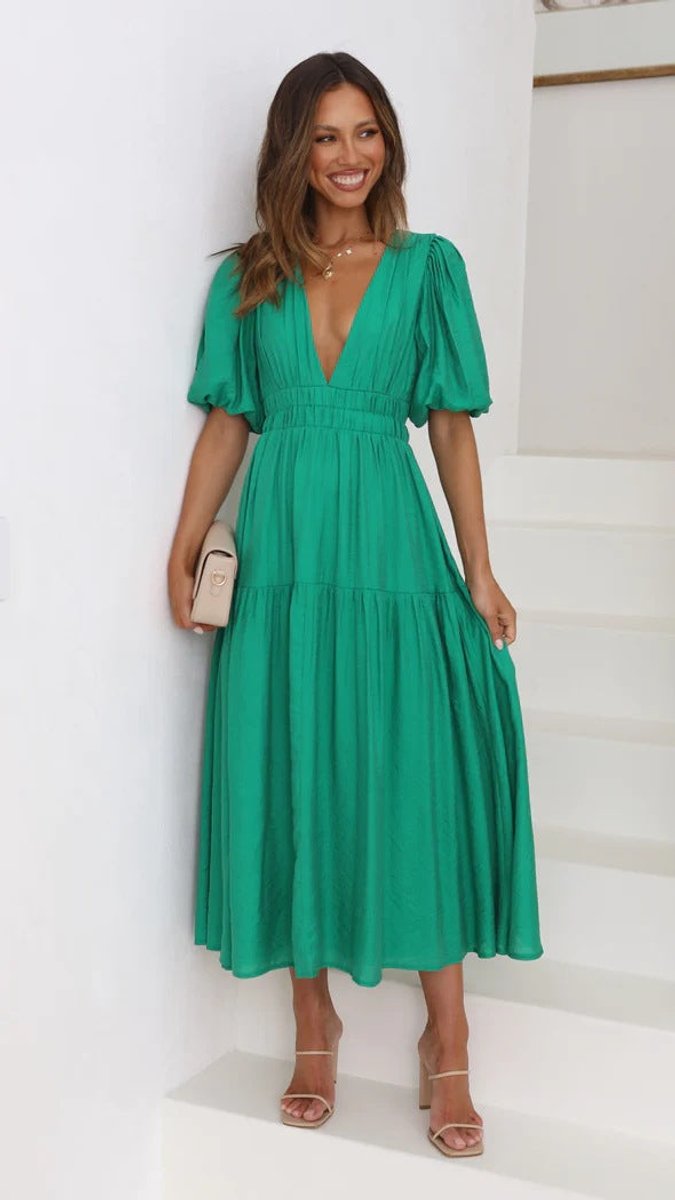 Women's V-Neck Puff Sleeve Tiered Fall Midi Dress