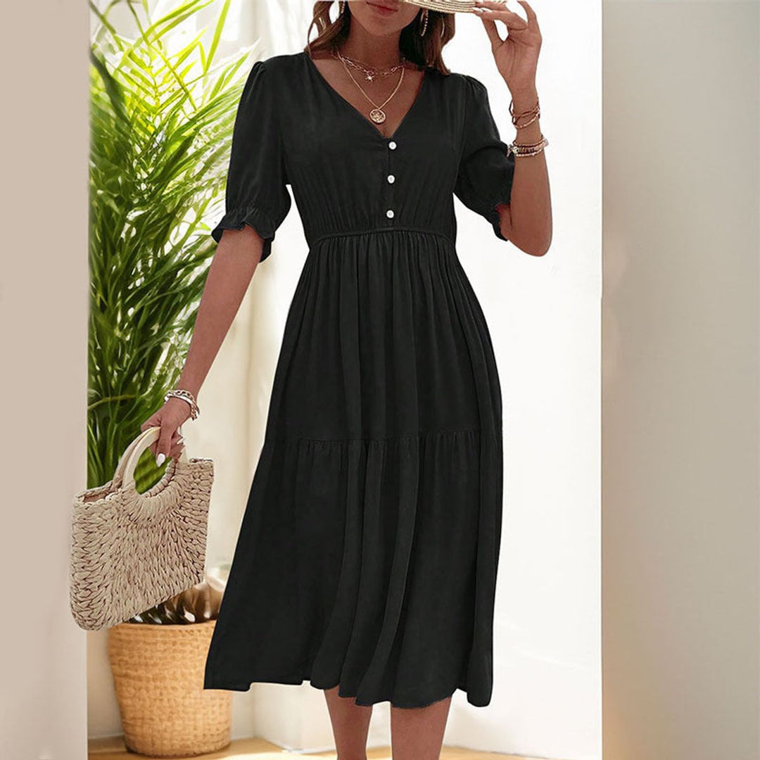Women's V-Neck Puff Sleeve Tiered Fall Midi Dress