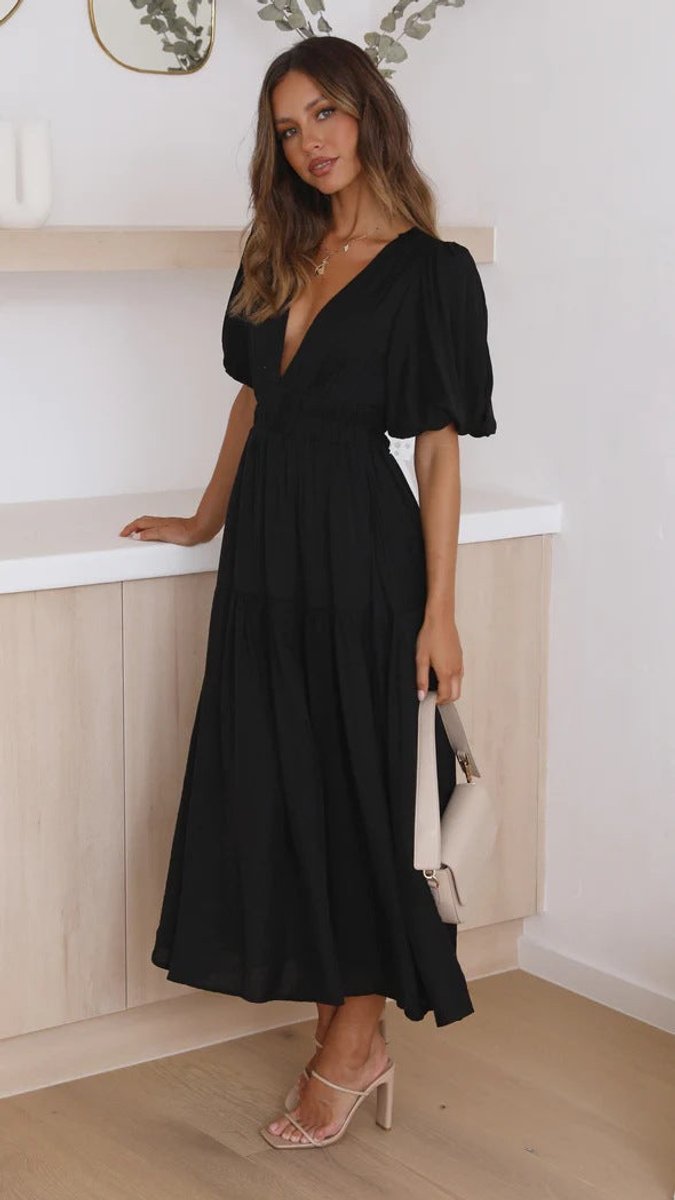 Women's V-Neck Puff Sleeve Tiered Fall Midi Dress