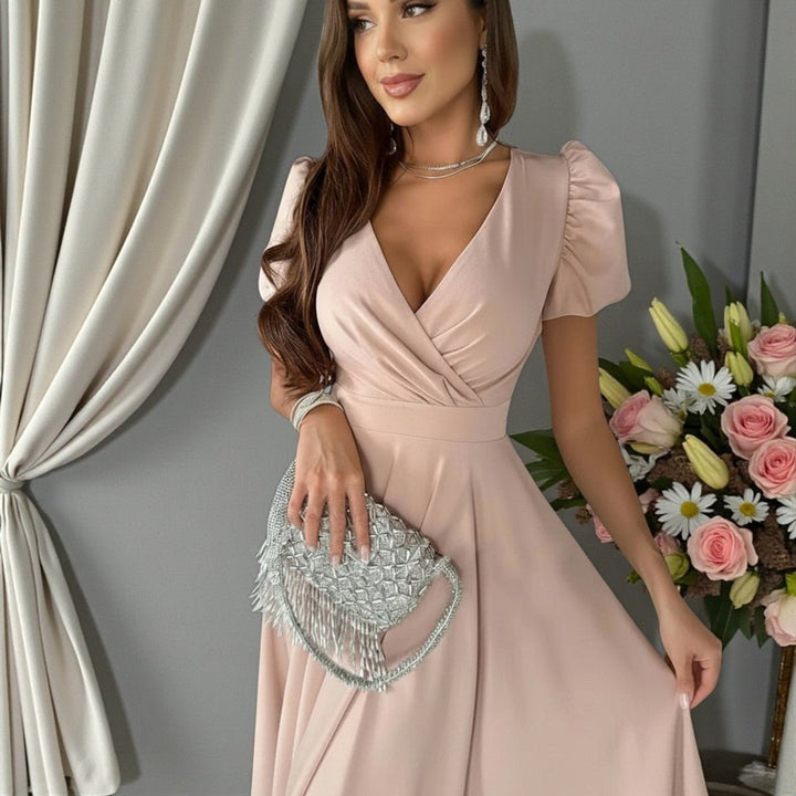 Women's V-Neck Puff Sleeve Wrap Midi Formal Dress