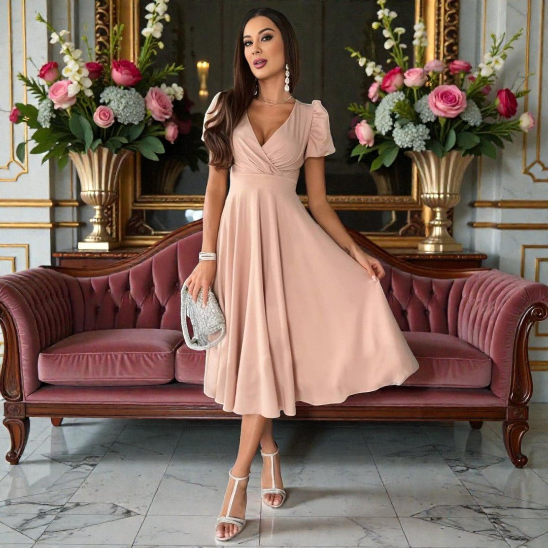 Women's V-Neck Puff Sleeve Wrap Midi Formal Dress