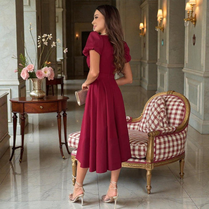 Women's V-Neck Puff Sleeve Wrap Midi Formal Dress