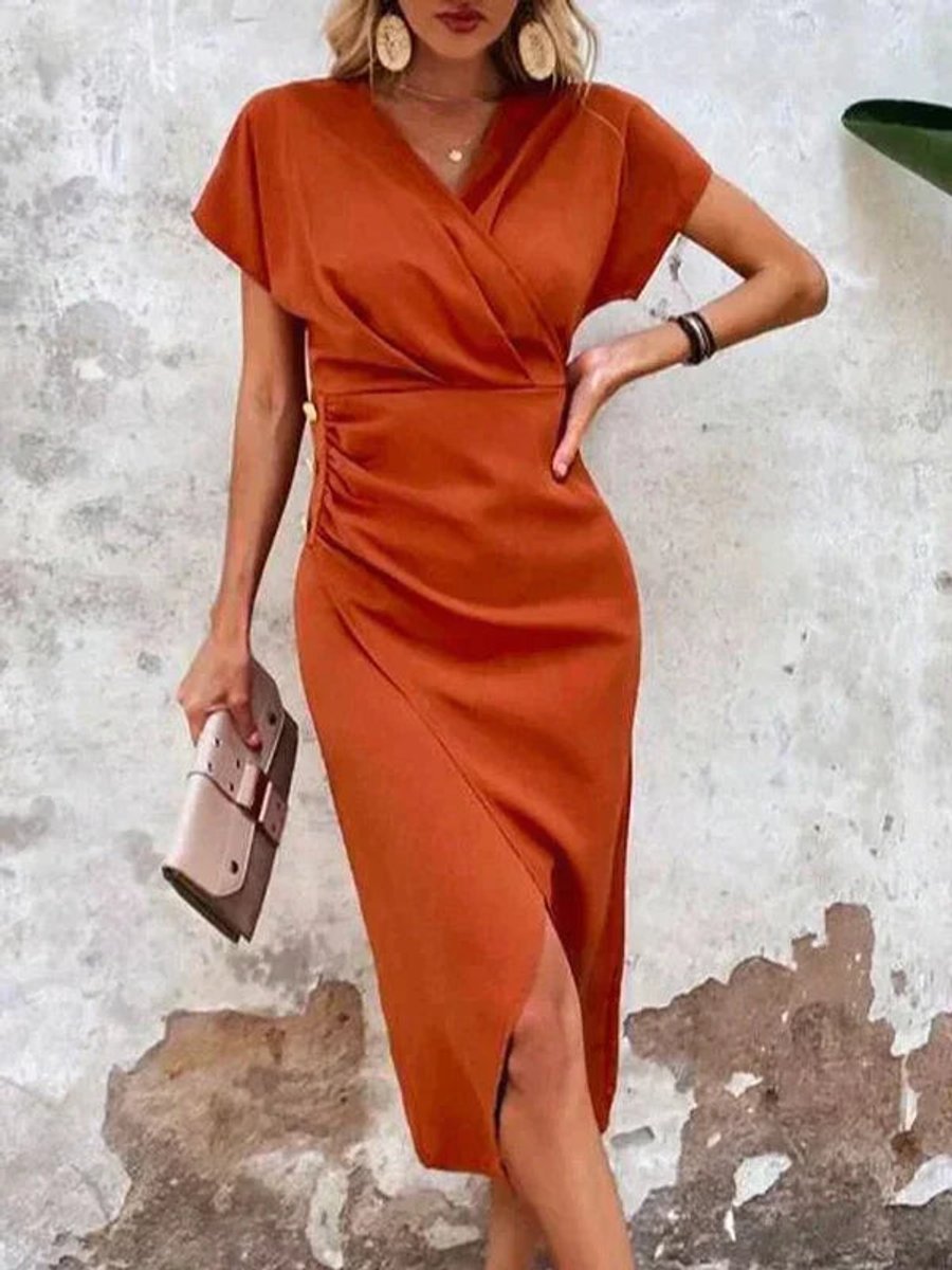 Women's V-Neck Ruched Bodycon Fall Midi Dress