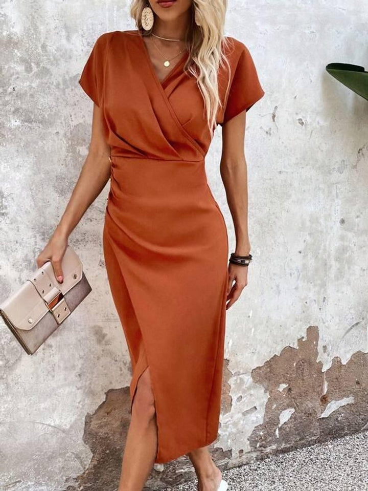 Women's V-Neck Ruched Bodycon Fall Midi Dress