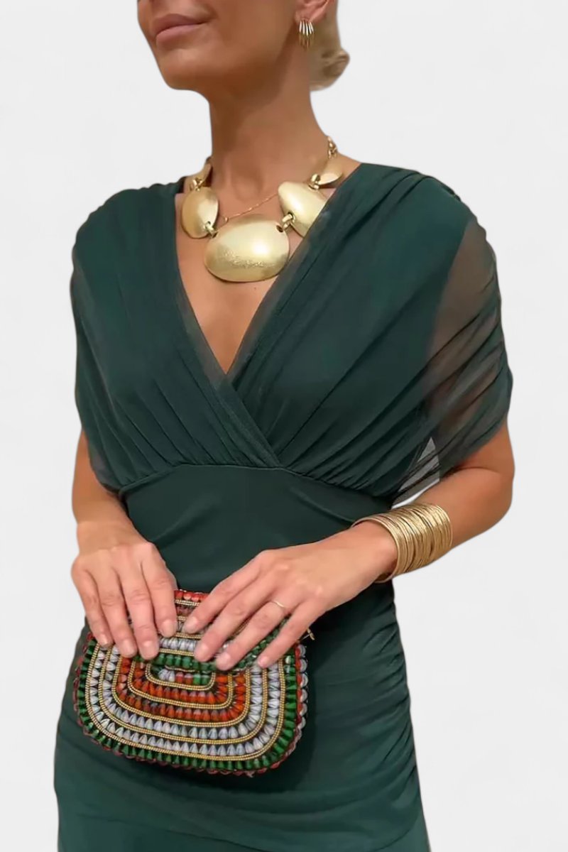 Women's V-Neck Ruched Chiffon Formal Dress Elegant Maxi Gown