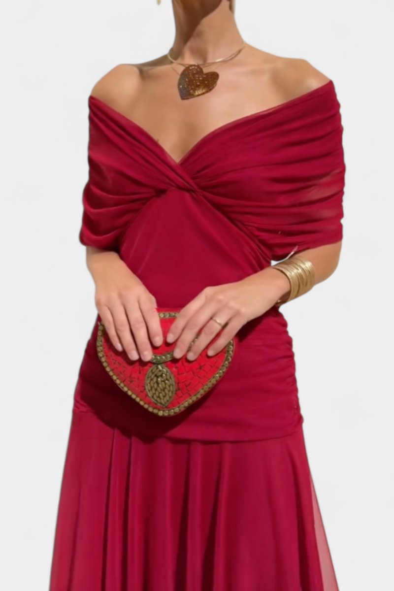 Women's V-Neck Ruched Chiffon Formal Dress Elegant Maxi Gown