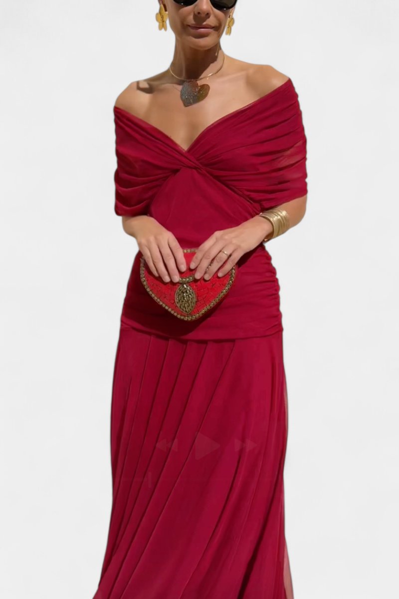 Women's V-Neck Ruched Chiffon Formal Dress Elegant Maxi Gown