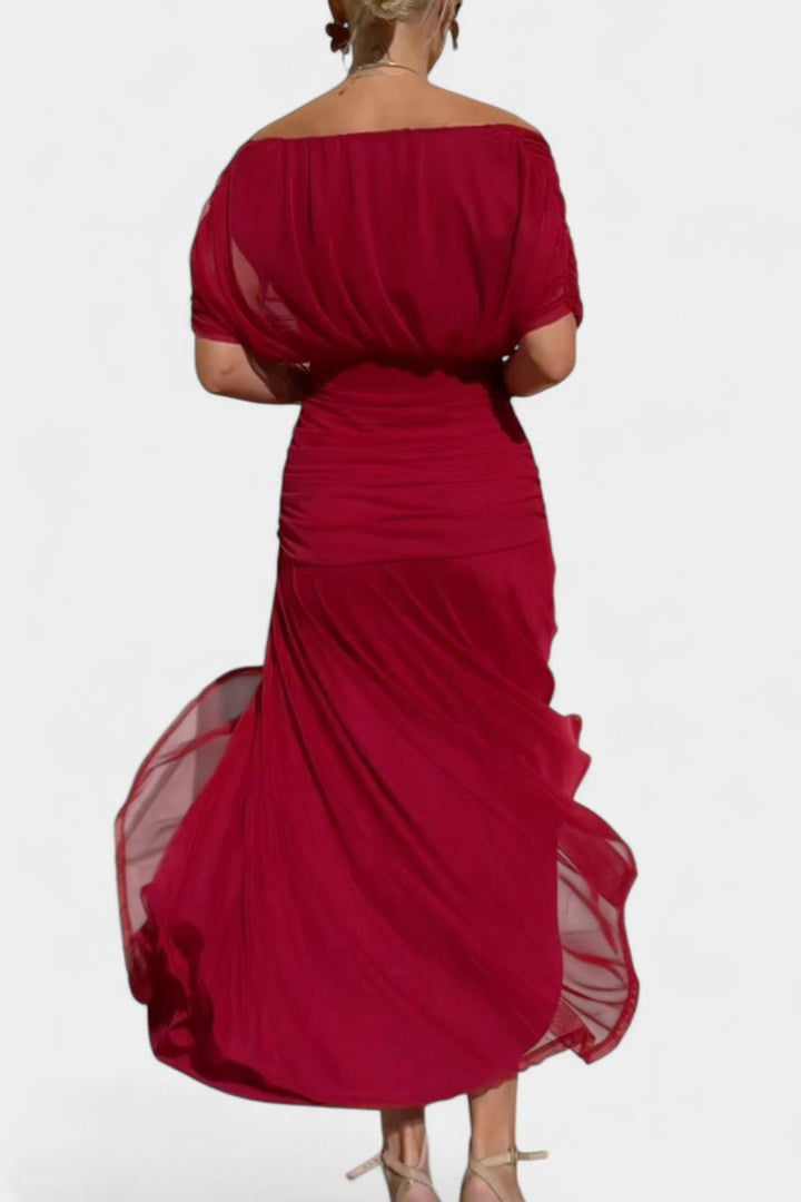 Women's V-Neck Ruched Chiffon Formal Dress Elegant Maxi Gown