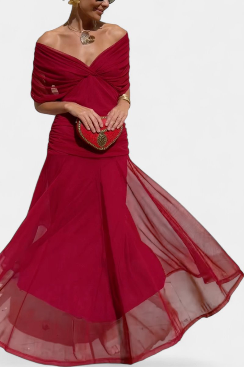 Women's V-Neck Ruched Chiffon Formal Dress Elegant Maxi Gown