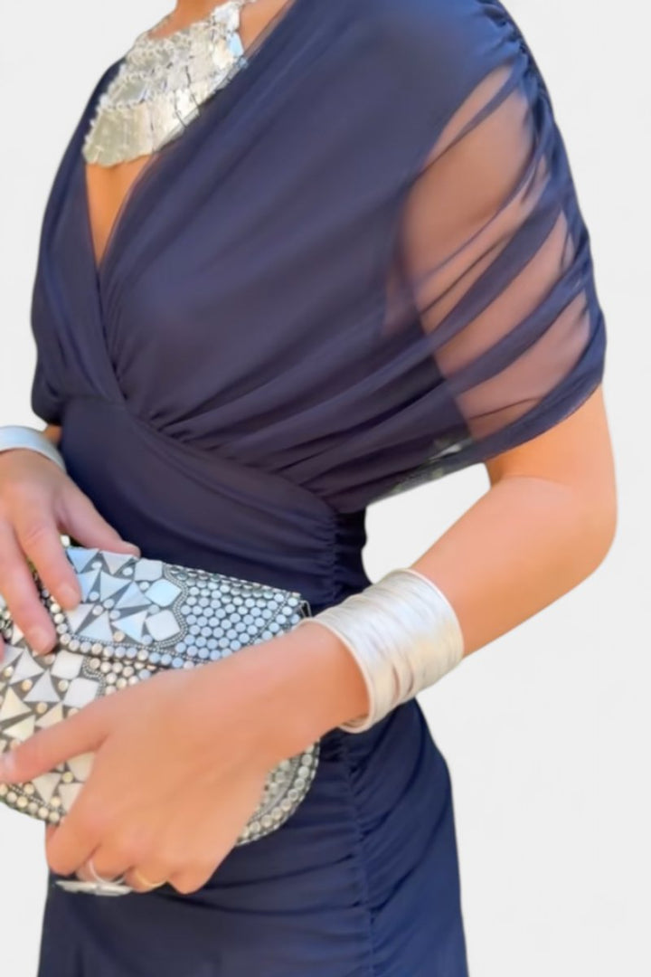 Women's V-Neck Ruched Chiffon Formal Dress Elegant Maxi Gown