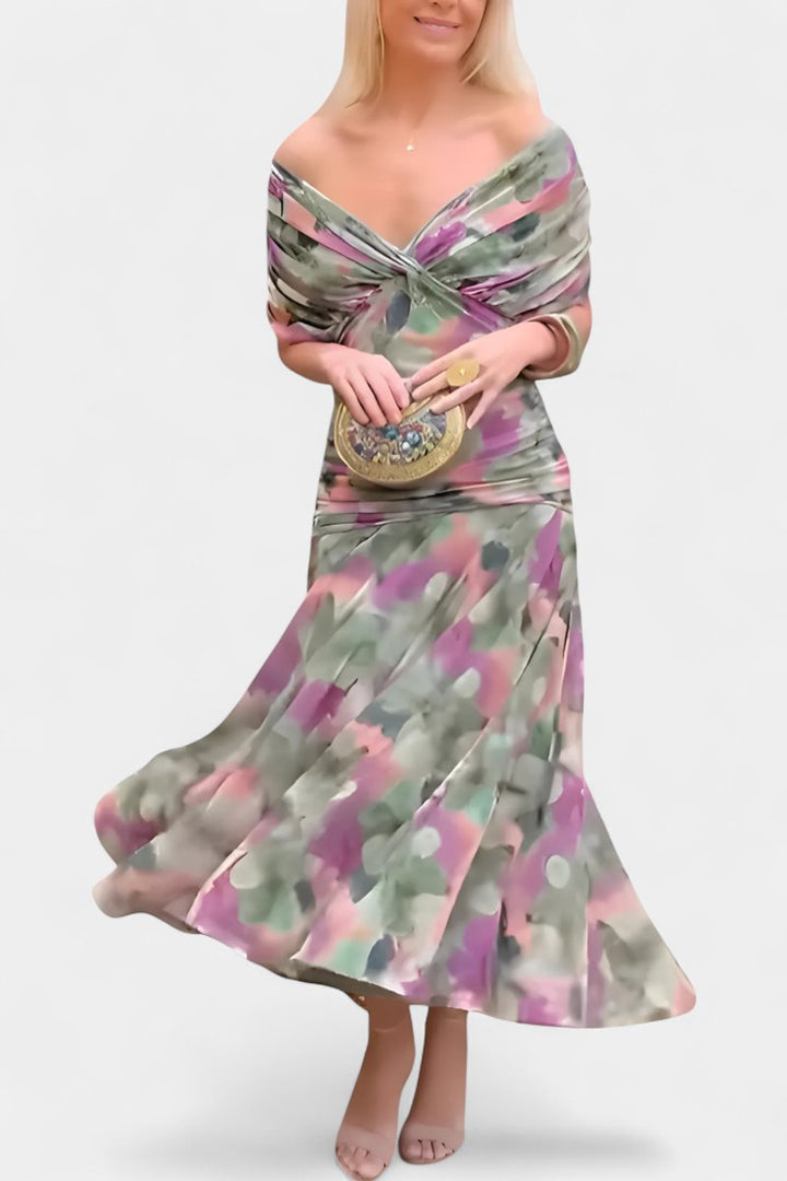 Women's V-Neck Ruched Chiffon Formal Dress Elegant Maxi Gown