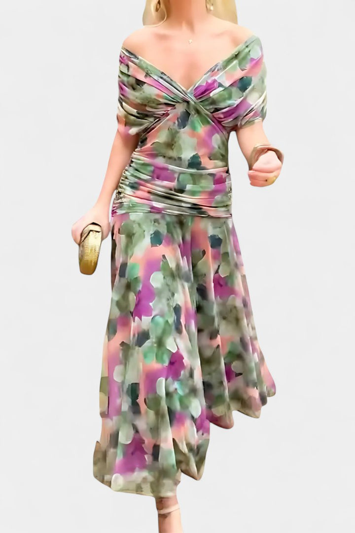 Women's V-Neck Ruched Chiffon Formal Dress Elegant Maxi Gown